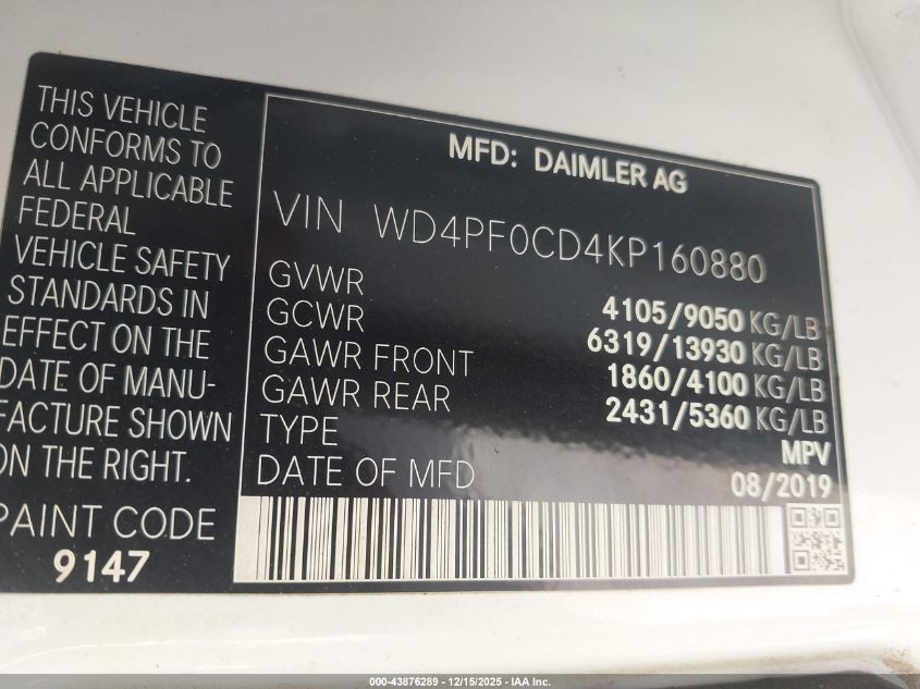 2019 Mercedes-Benz Sprinter 2500 Standard Roof V6 VIN: WD4PF0CD4KP160880 Lot: 43876289