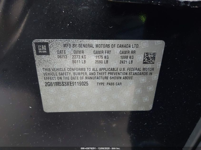 2014 Cadillac Xts Luxury VIN: 2G61M5S3XE9119025 Lot: 43876291