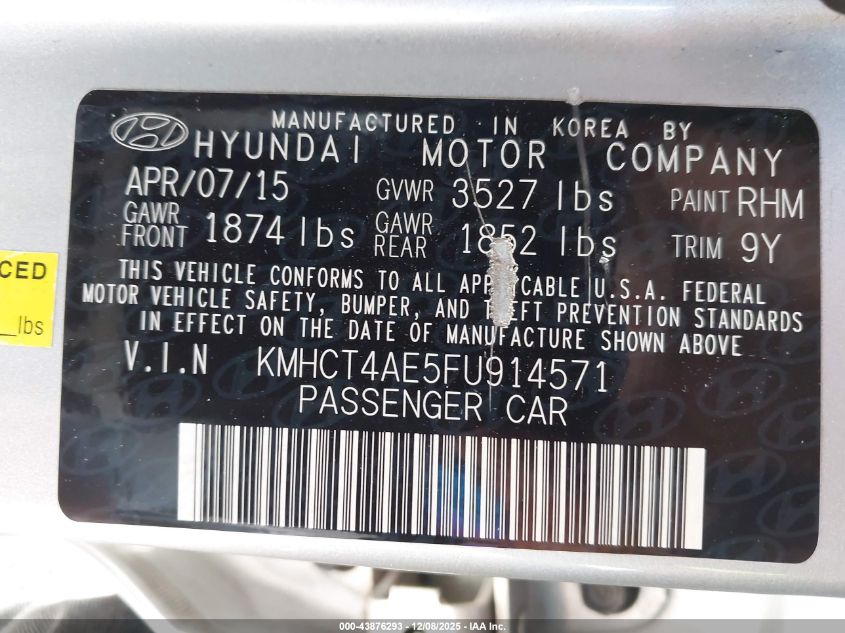2015 Hyundai Accent Gls VIN: KMHCT4AE5FU914571 Lot: 43876293