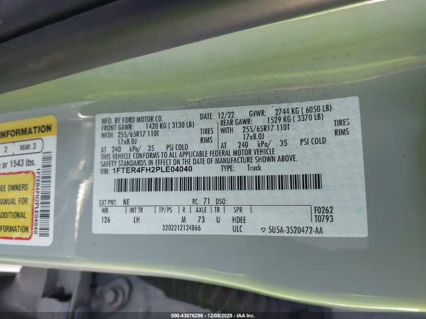 2023 Ford Ranger Xlt VIN: 1FTER4FH2PLE04040 Lot: 43876296