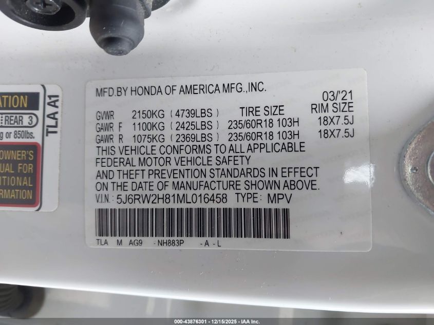 2021 Honda Cr-V Awd Ex-L VIN: 5J6RW2H81ML016458 Lot: 43876301