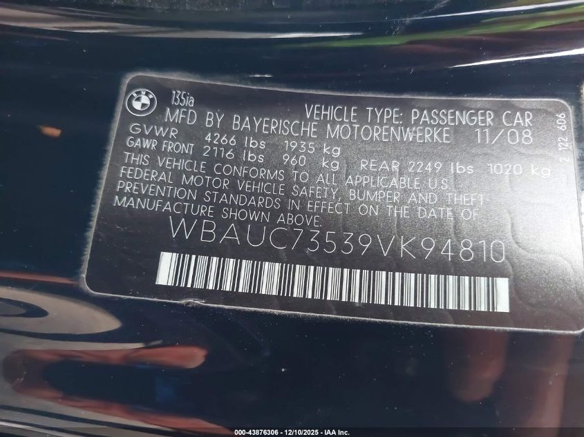 2009 BMW 135I VIN: WBAUC73539VK94810 Lot: 43876306