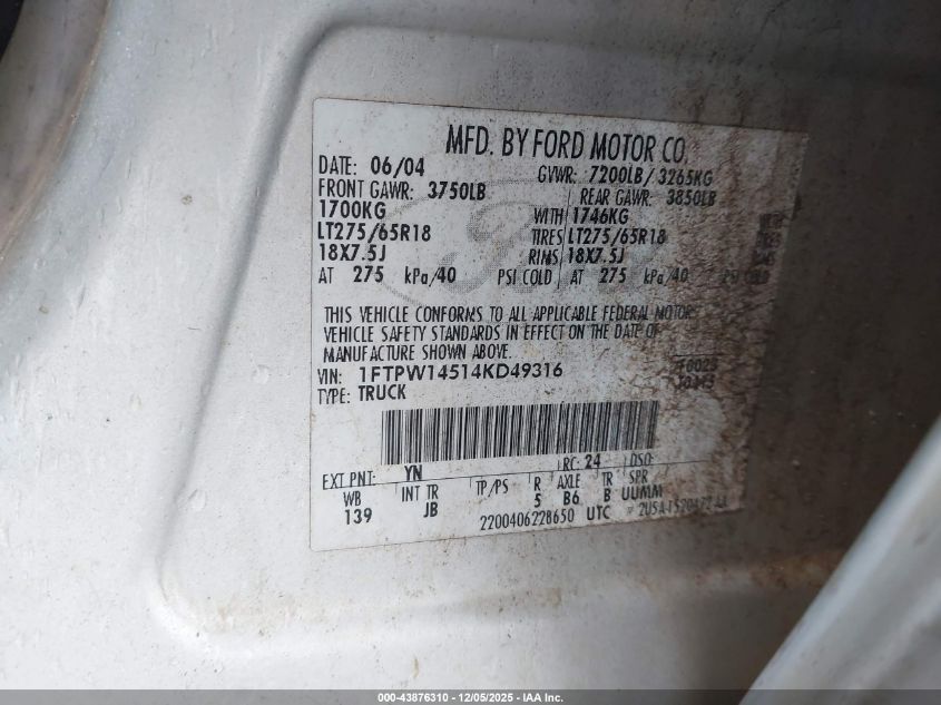 2004 Ford F-150 Fx4/Lariat/Xlt VIN: 1FTPW14514KD49316 Lot: 43876310