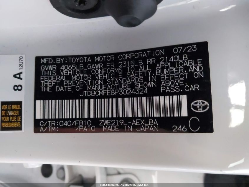 2023 Toyota Corolla Hybrid Le VIN: JTDBCMFE8P3024324 Lot: 43876325