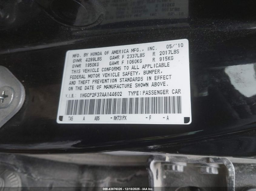 2010 Honda Accord 2.4 Lx VIN: 1HGCP2F37AA144602 Lot: 43876326