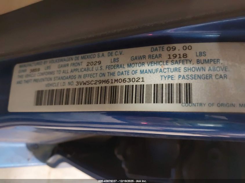 2001 Volkswagen Jetta Gls 1.8L Turbo VIN: 3VWSC29M61M063021 Lot: 43876337