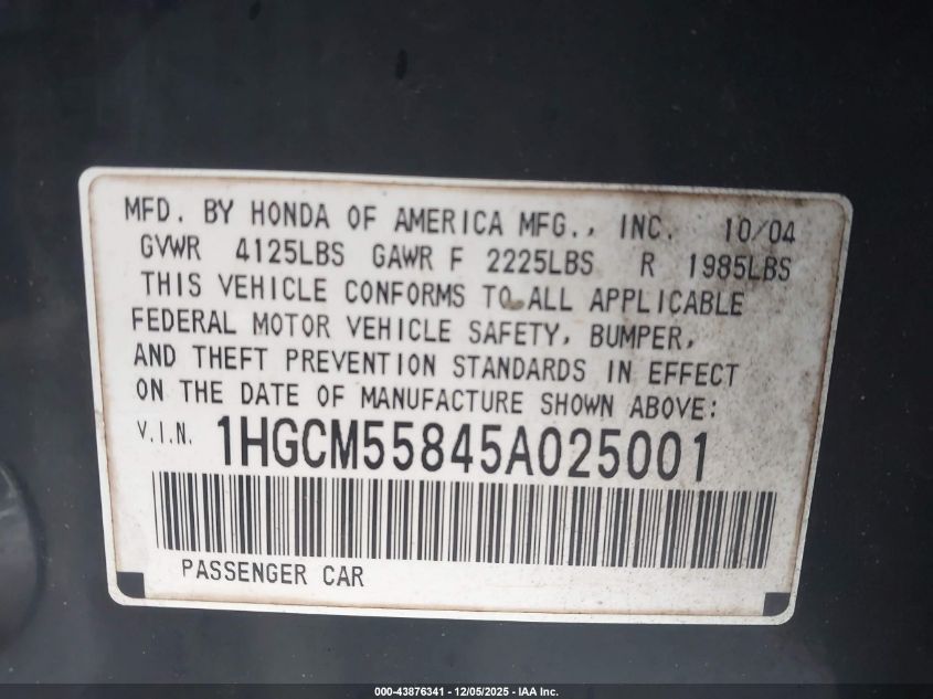 2005 Honda Accord 2.4 Ex VIN: 1HGCM55845A025001 Lot: 43876341