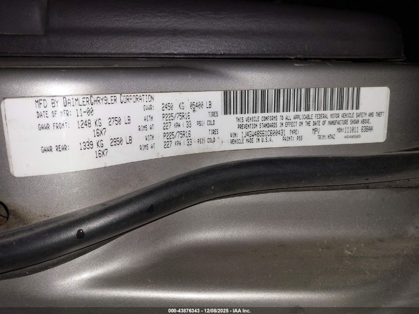 2001 Jeep Grand Cherokee Laredo VIN: 1J4GW48S61C600431 Lot: 43876343