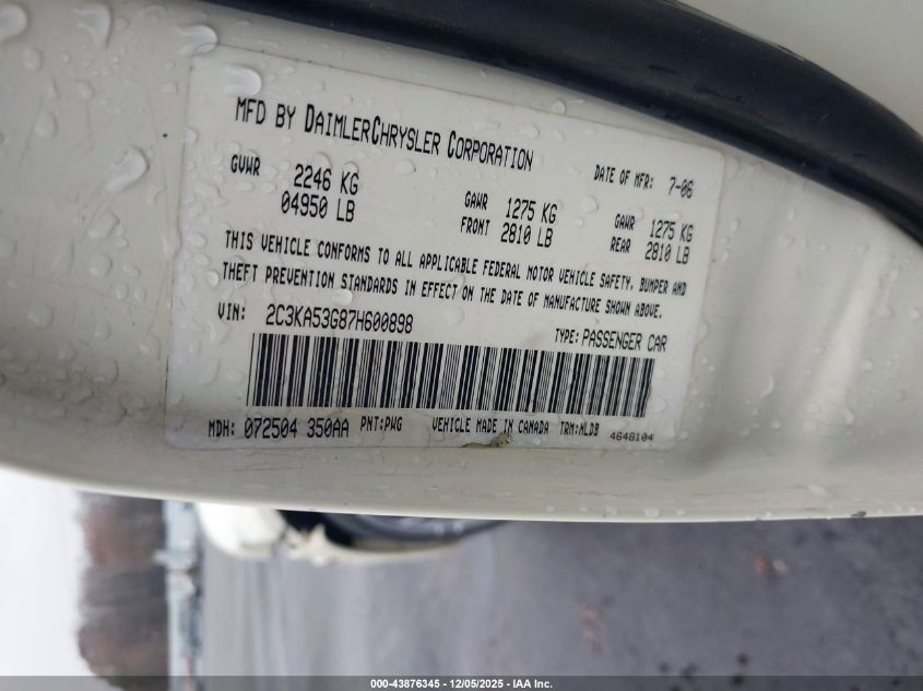 2007 Chrysler 300 Touring VIN: 2C3KA53G87H600898 Lot: 43876345