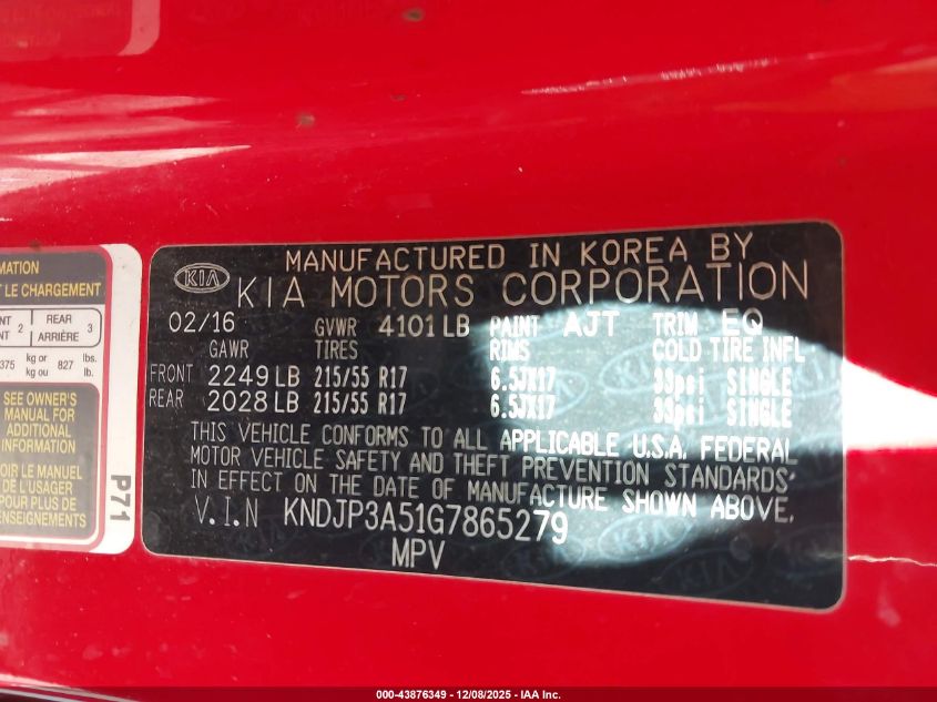 2016 Kia Soul + VIN: KNDJP3A51G7865279 Lot: 43876349