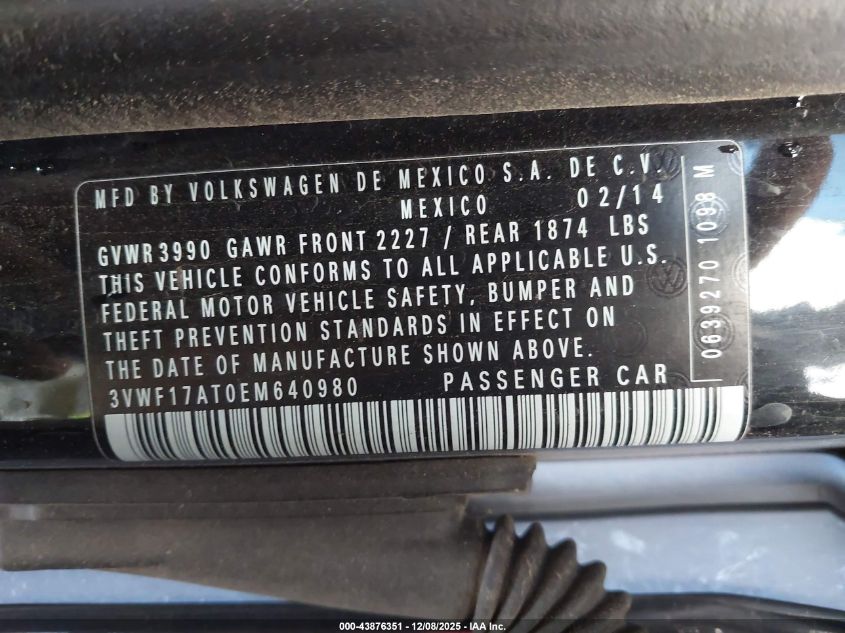2014 Volkswagen Beetle 1.8T Entry VIN: 3VWF17AT0EM640980 Lot: 43876351