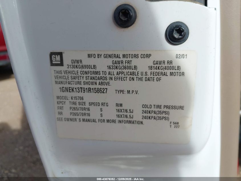 2001 Chevrolet Tahoe Lt VIN: 1GNEK13T91R158627 Lot: 43876352