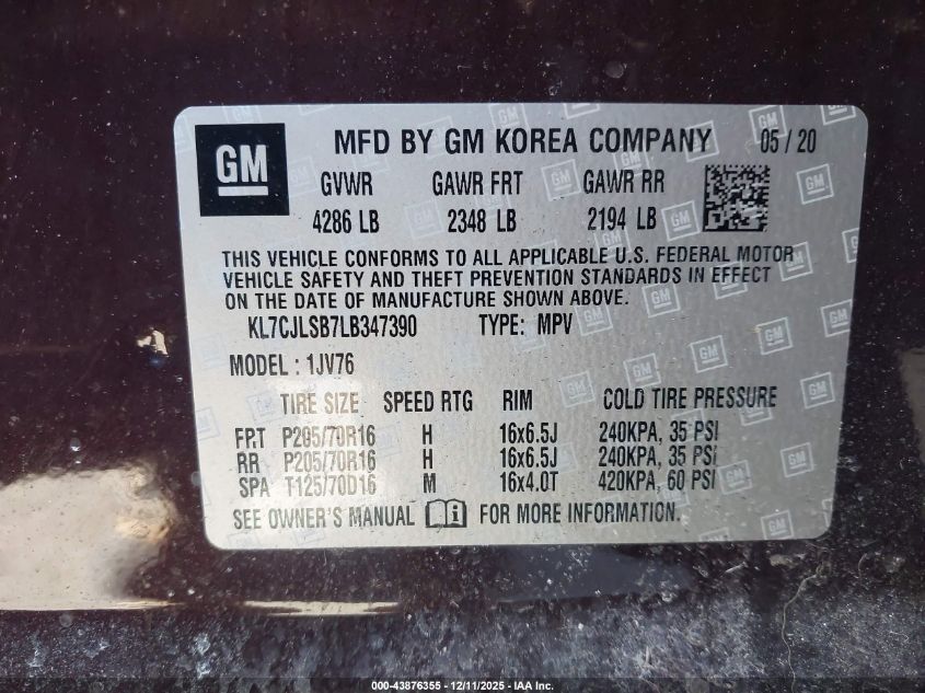 2020 Chevrolet Trax Fwd Lt VIN: KL7CJLSB7LB347390 Lot: 43876355