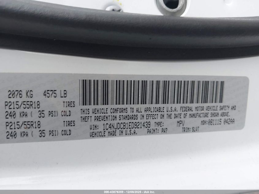 2014 Jeep Compass Limited VIN: 1C4NJDCB1ED921439 Lot: 43876359