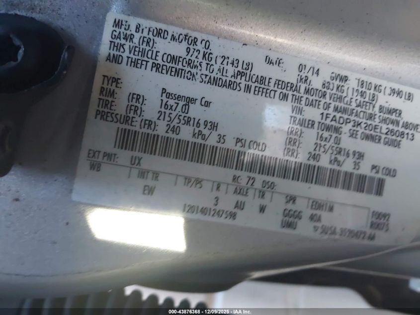 2014 Ford Focus Se VIN: 1FADP3K20EL260813 Lot: 43876368