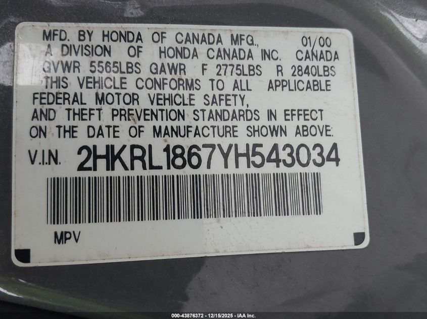 2000 Honda Odyssey Ex VIN: 2HKRL1867YH543034 Lot: 43876372