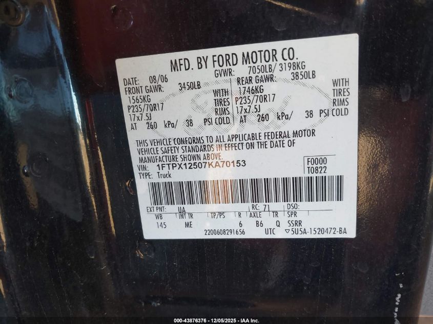 2007 Ford F-150 Lariat/Stx/Xl/Xlt VIN: 1FTPX12507KA70153 Lot: 43876376