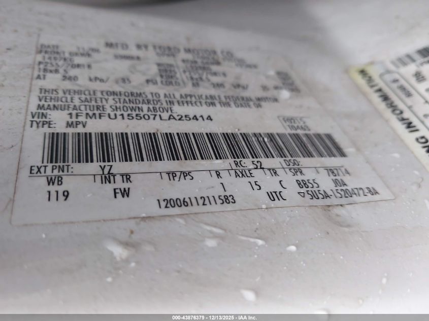 2007 Ford Expedition Xlt VIN: 1FMFU15507LA25414 Lot: 43876379