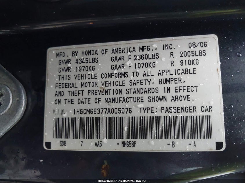 1HGCM66377A005076 2007 HONDA ACCORD photo no. 9