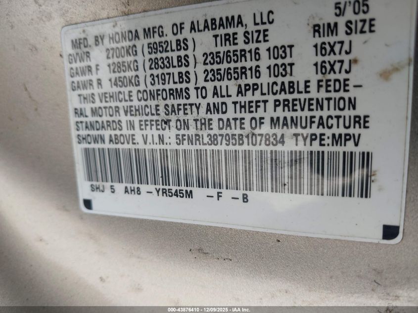 2005 Honda Odyssey Ex-L VIN: 5FNRL38795B107834 Lot: 43876410