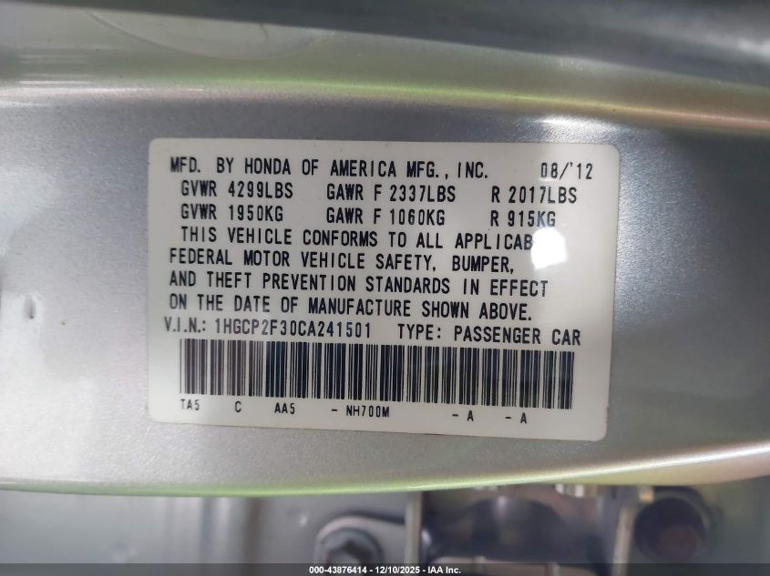 2012 Honda Accord 2.4 Lx VIN: 1HGCP2F30CA241501 Lot: 43876414
