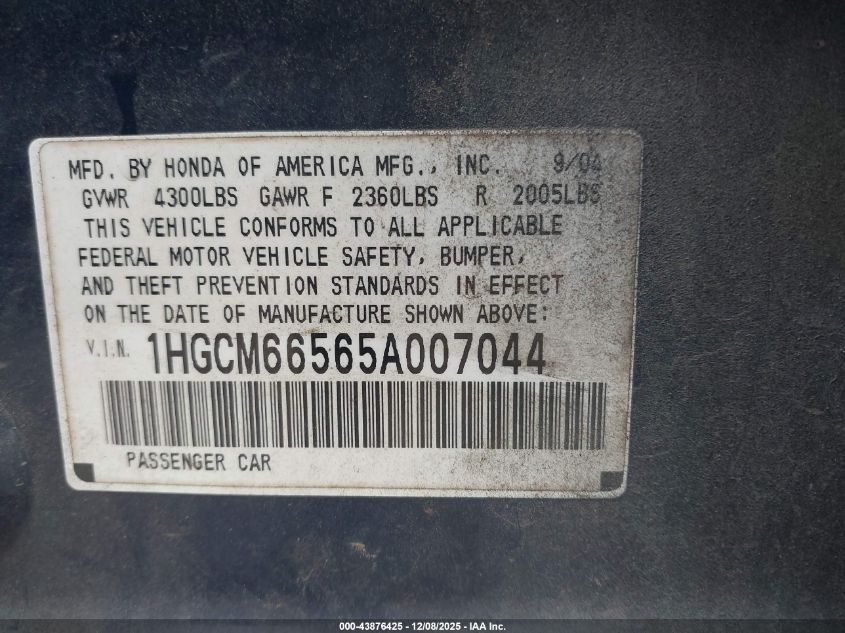 2005 Honda Accord 3.0 Ex VIN: 1HGCM66565A007044 Lot: 43876425