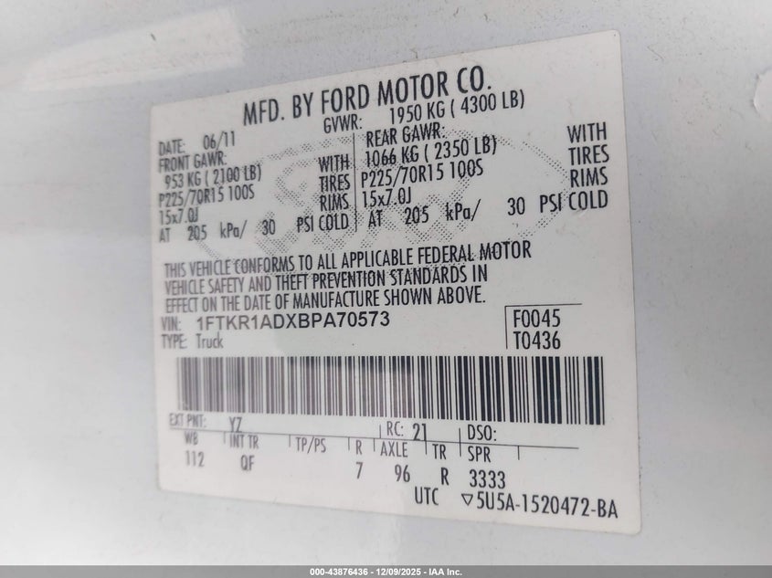 1FTKR1ADXBPA70573 2011 FORD RANGER photo no. 9