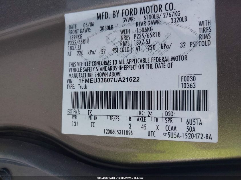 2007 Ford Explorer Sport Trac Limited VIN: 1FMEU33807UA21622 Lot: 43876440