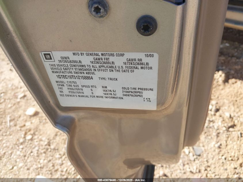 2001 GMC Sierra 1500 Sle VIN: 1GTEC19T51Z158864 Lot: 43876446