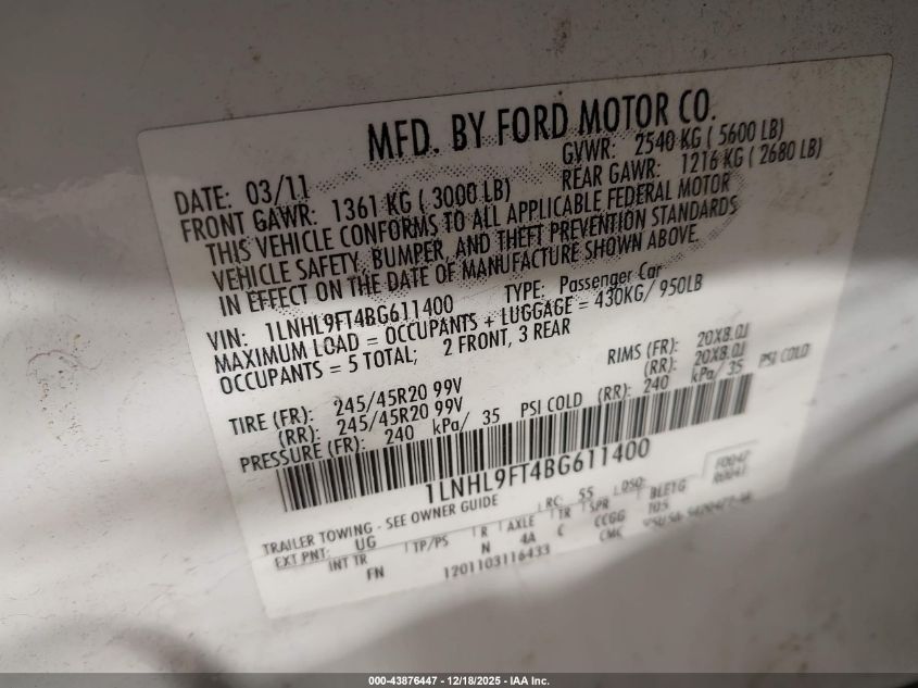 2011 Lincoln Mks Ecoboost VIN: 1LNHL9FT4BG611400 Lot: 43876447