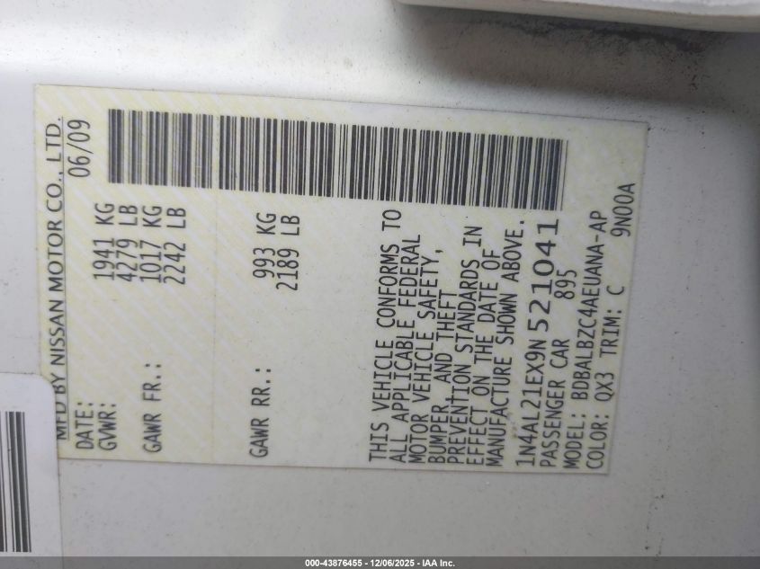 2009 Nissan Altima 2.5 S VIN: 1N4AL21EX9N521041 Lot: 43876455