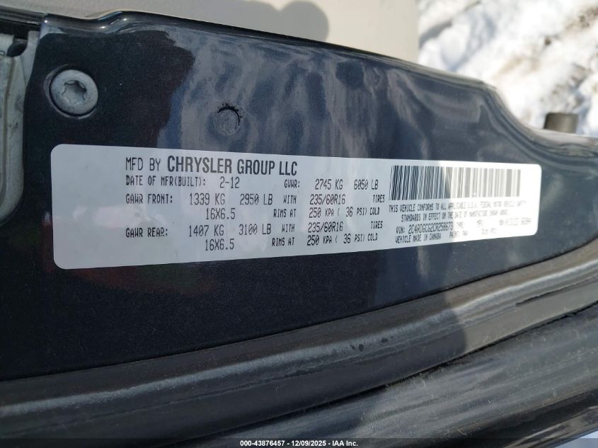 2012 Dodge Grand Caravan Sxt VIN: 2C4RDGCG2CR258673 Lot: 43876457