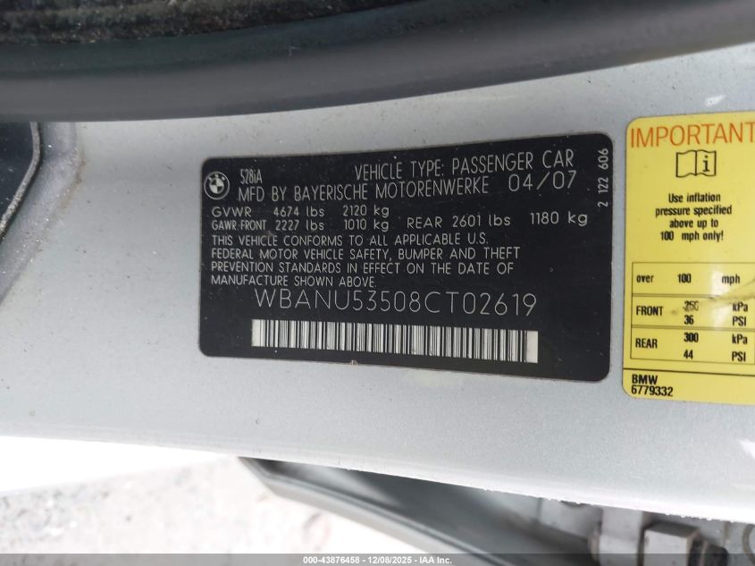 2008 BMW 528I VIN: WBANU53508CT02619 Lot: 43876458