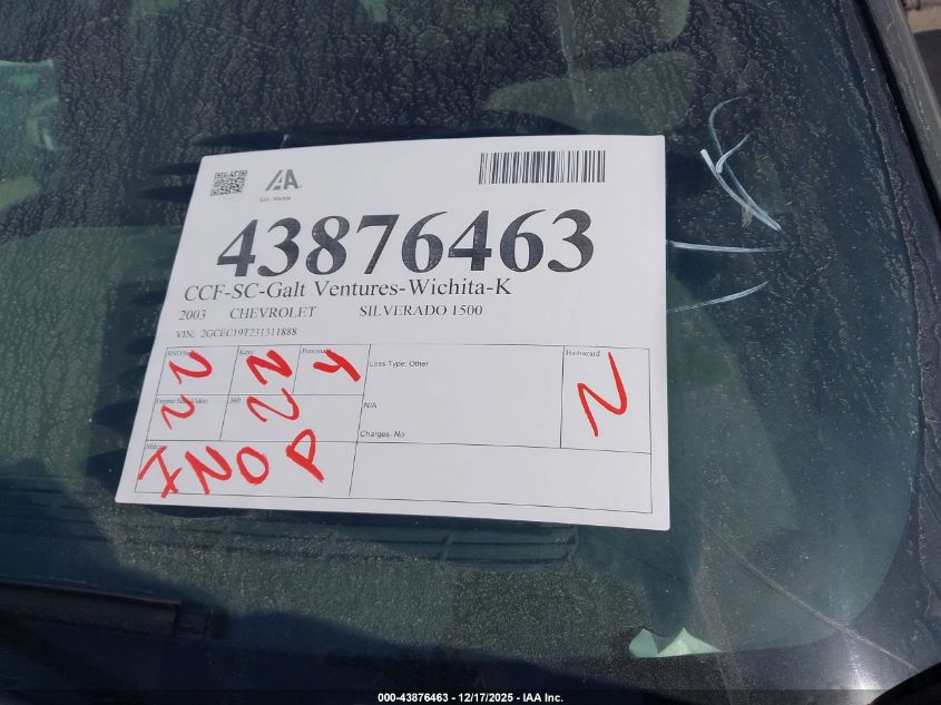 2003 Chevrolet Silverado 1500 Ls VIN: 2GCEC19T231311888 Lot: 43876463