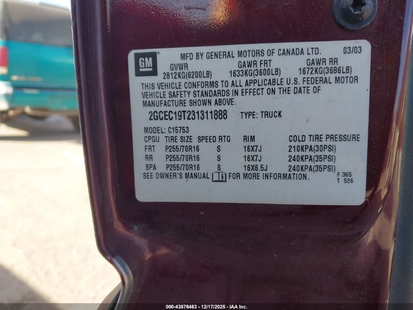 2003 Chevrolet Silverado 1500 Ls VIN: 2GCEC19T231311888 Lot: 43876463