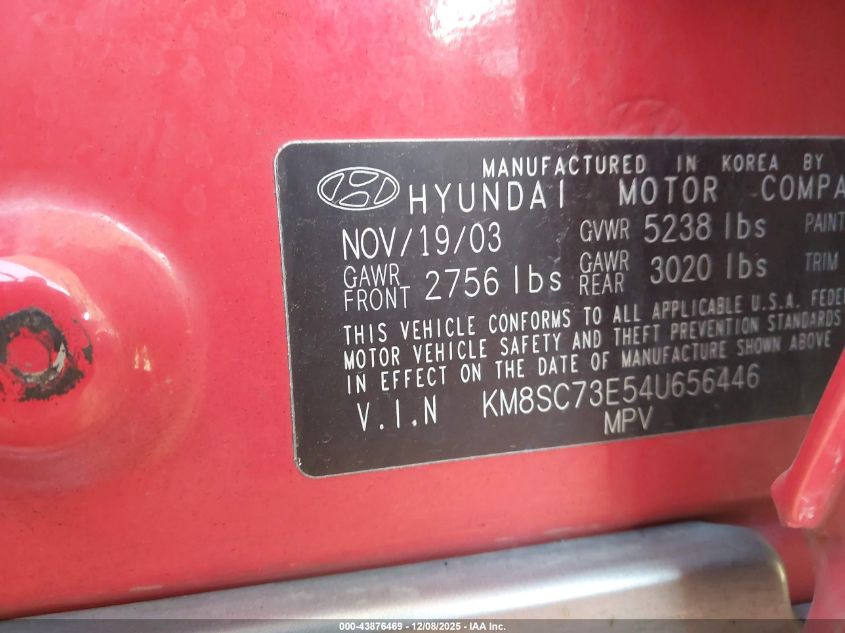 2004 Hyundai Santa Fe Gls/Lx VIN: KM8SC73E54U656446 Lot: 43876469