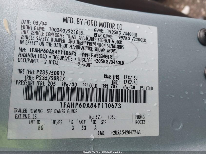 2004 Ford Thunderbird VIN: 1FAHP60A84Y110673 Lot: 43876471