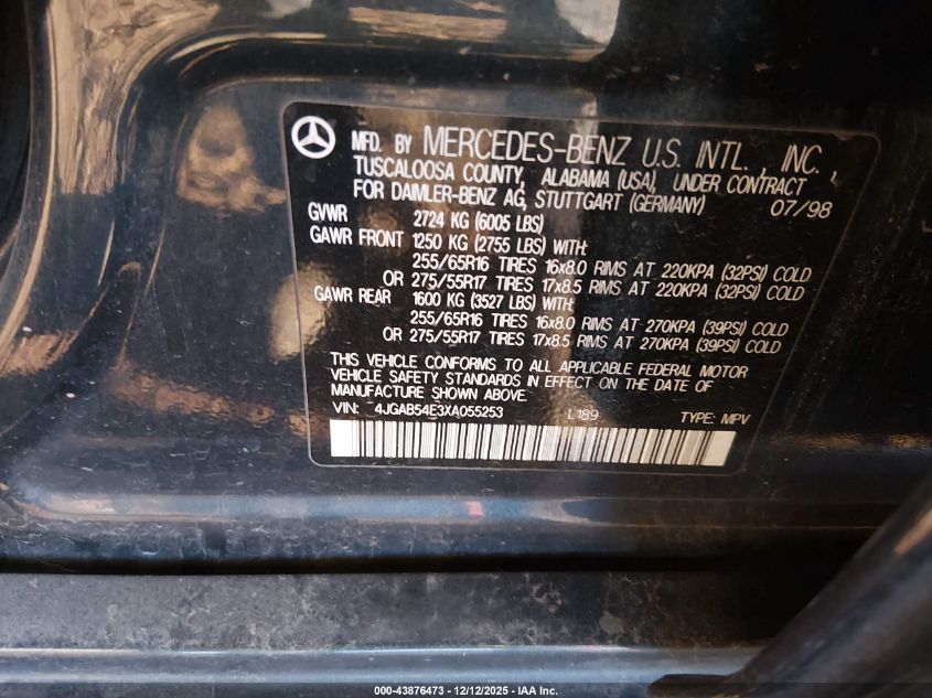 1999 Mercedes-Benz Ml 320 VIN: 4JGAB54E3XA055253 Lot: 43876473