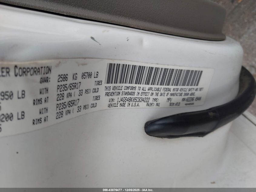 2005 Jeep Grand Cherokee Laredo VIN: 1J4GS48K05C634222 Lot: 43876477