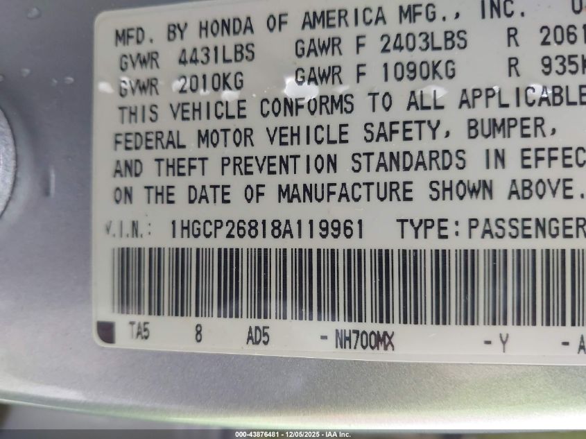 2008 Honda Accord 2.4 Ex-L VIN: 1HGCP26818A119961 Lot: 43876481