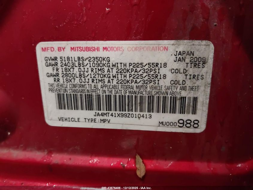 2009 Mitsubishi Outlander Xls VIN: JA4MT41X99Z010413 Lot: 43876486