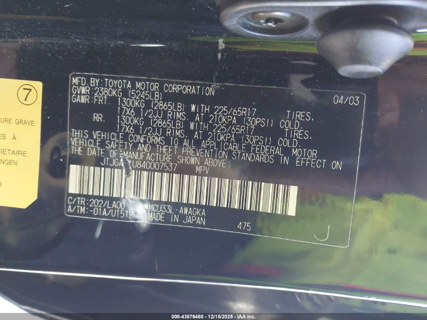 2004 Lexus Rx 330 VIN: JTJGA31U840007537 Lot: 43876488