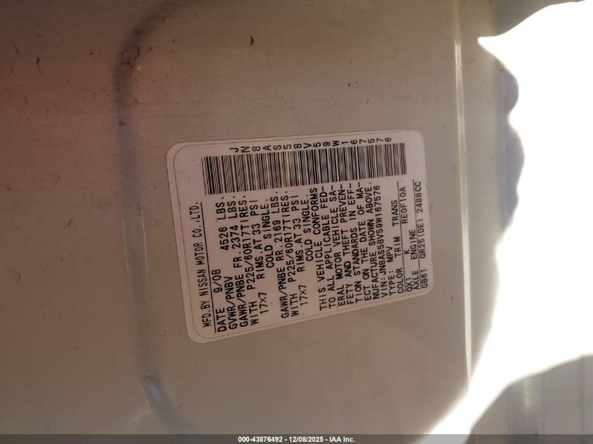 2009 Nissan Rogue Sl VIN: JN8AS58V59W167576 Lot: 43876492