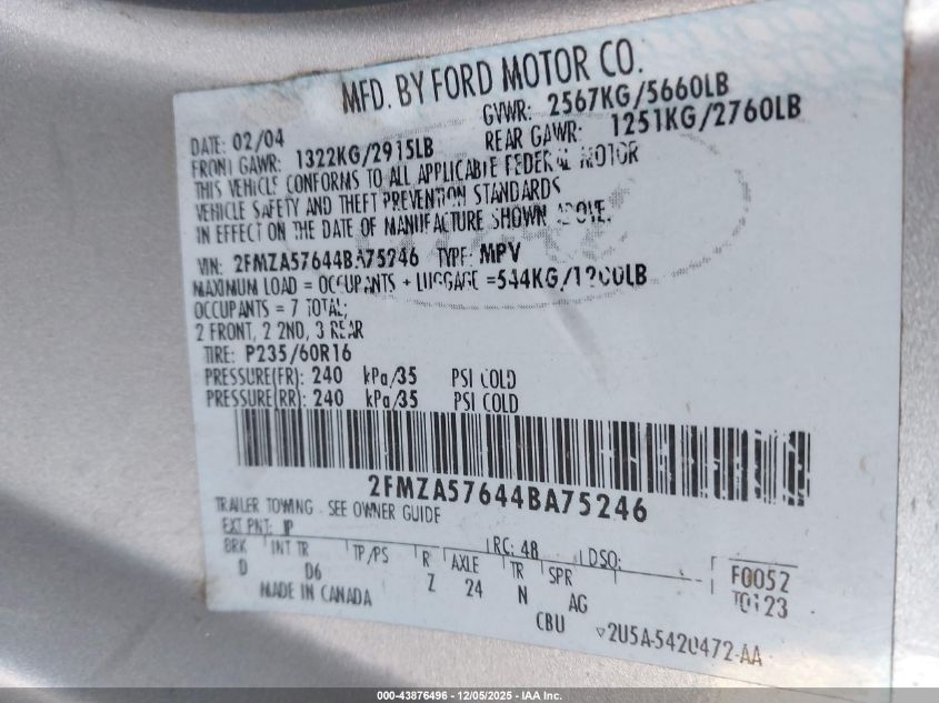 2004 Ford Freestar Ses VIN: 2FMZA57644BA75246 Lot: 43876496