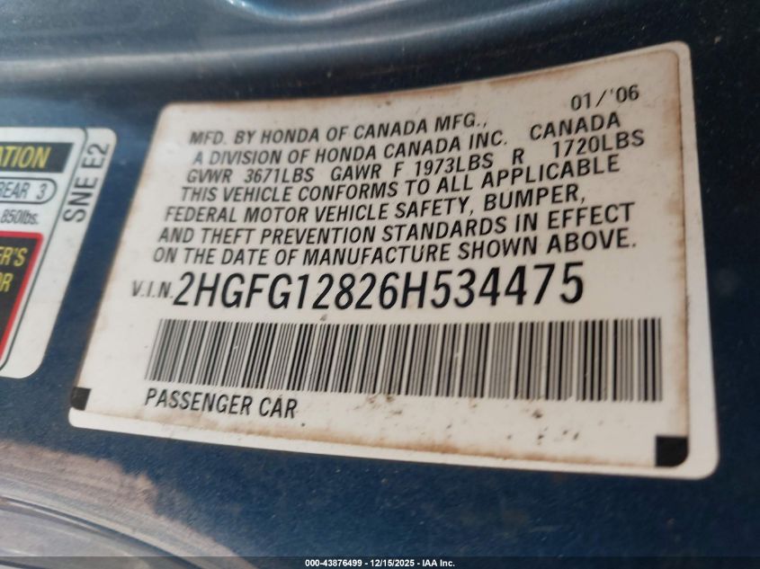 2006 Honda Civic Ex VIN: 2HGFG12826H534475 Lot: 43876499