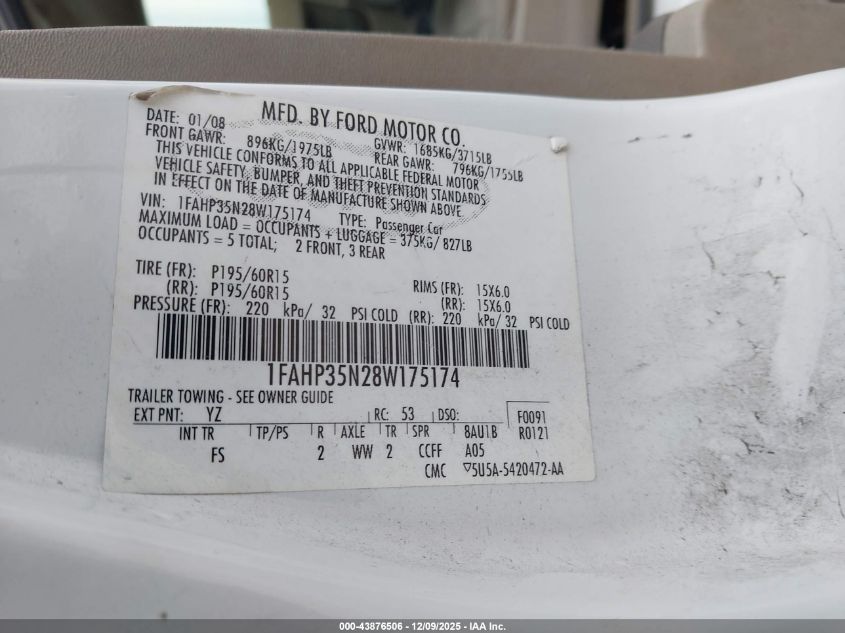 2008 Ford Focus Se/Ses VIN: 1FAHP35N28W175174 Lot: 43876506