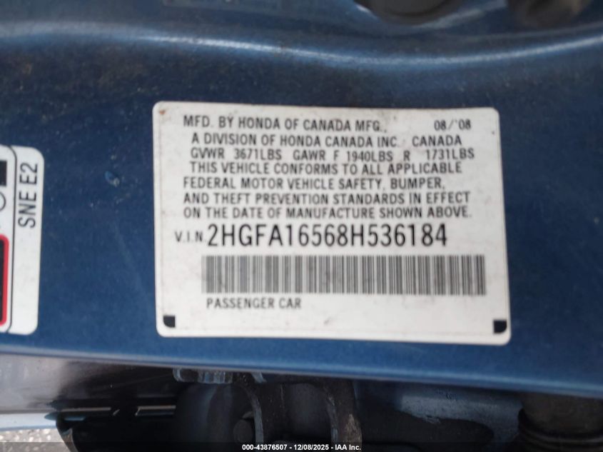 2008 Honda Civic Lx VIN: 2HGFA16568H536184 Lot: 43876507