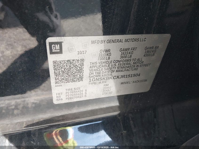 2018 Chevrolet Tahoe Lt VIN: 1GNSKBKCXJR151504 Lot: 43876509