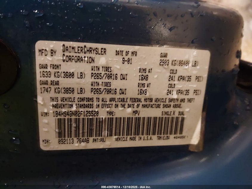 2002 Dodge Durango Slt VIN: 1B4HS48N02F125520 Lot: 43876514