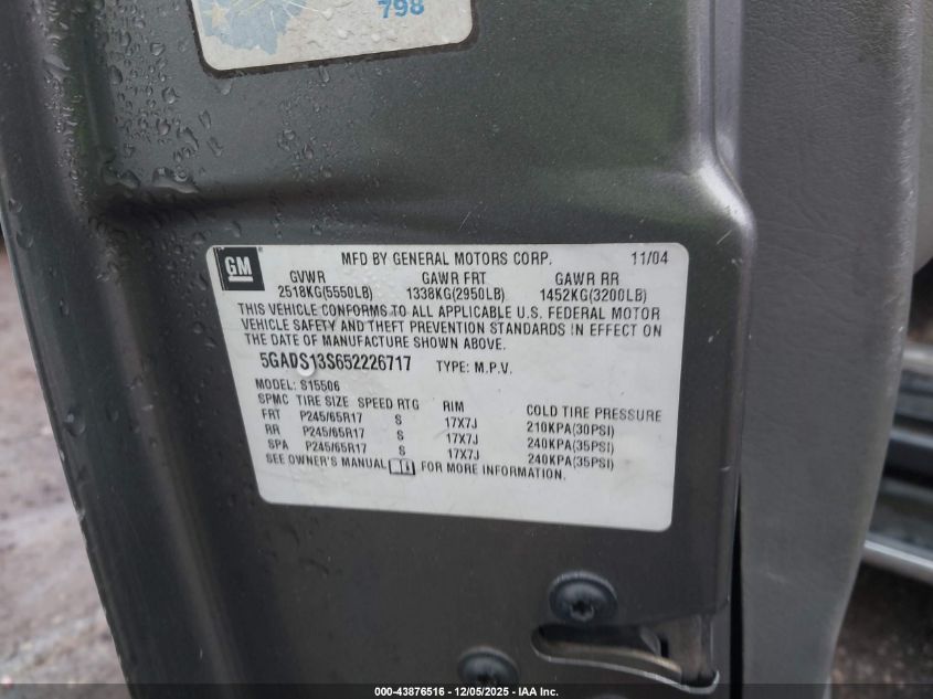 2005 Buick Rainier Cxl VIN: 5GADS13S652226717 Lot: 43876516